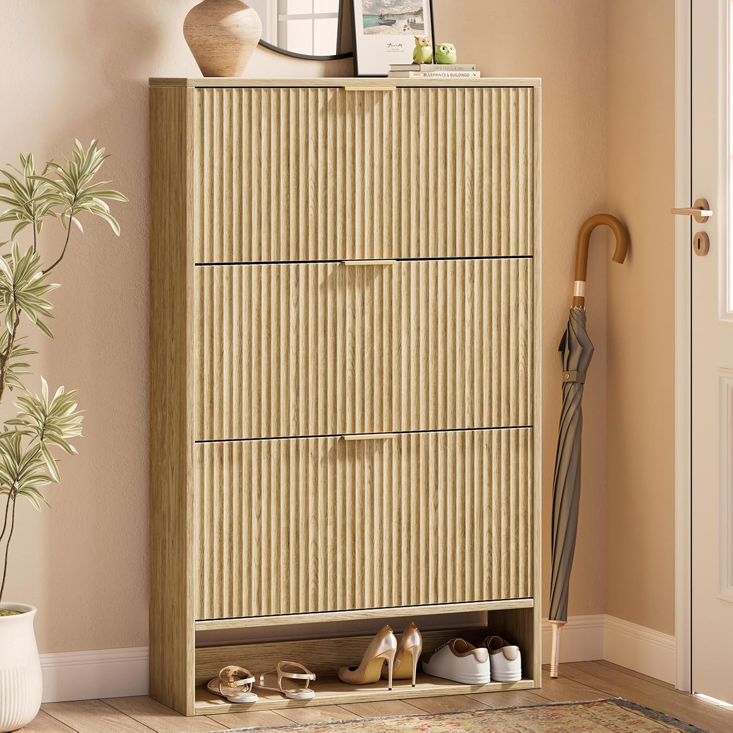Shoe Rack Cabinet Narrow Entryway - Oak Shoe Cabinet with 3 Flip