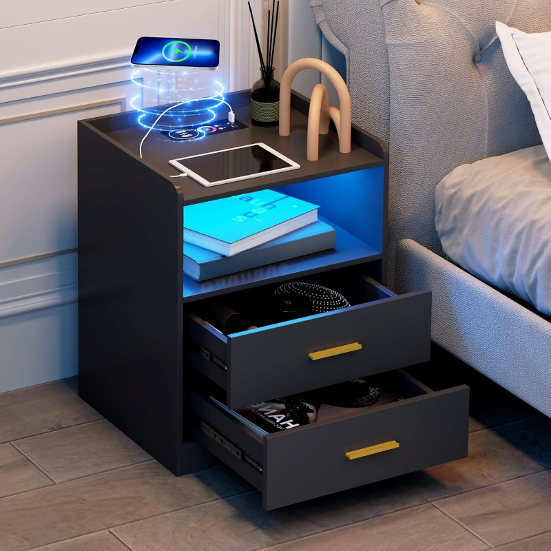 Solid Wood Nightstand 2 Drawers - Black LED Nightstand with Charging Station