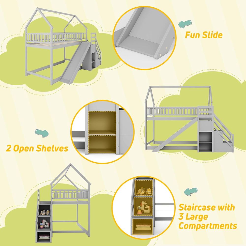 Twin Over Twin Bunk Bed with S - đánh giá và giá Bunk Bed With Stairs And Slide