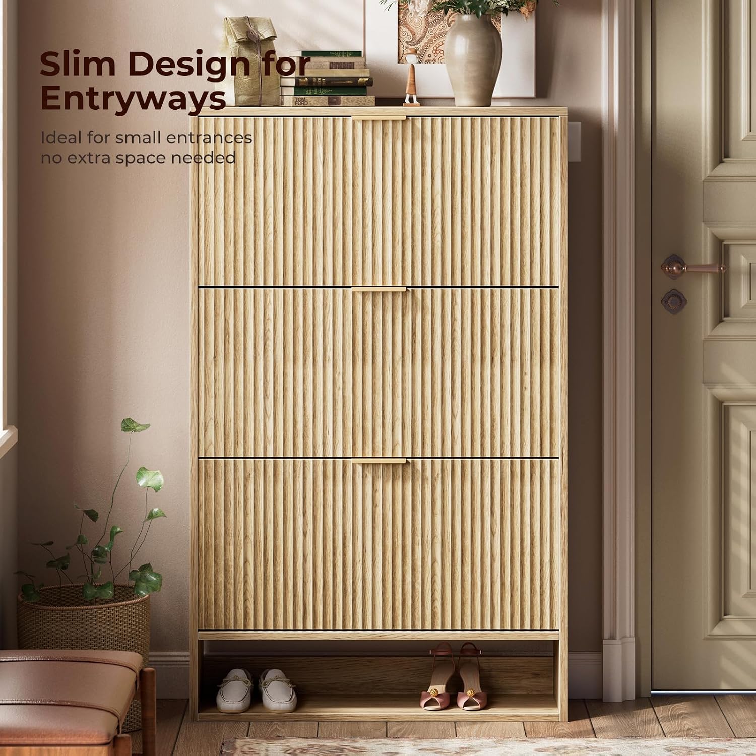 Oak Shoe Cabinet with 3 Flip D - đánh giá và giá Shoe Rack Cabinet Narrow Entryway