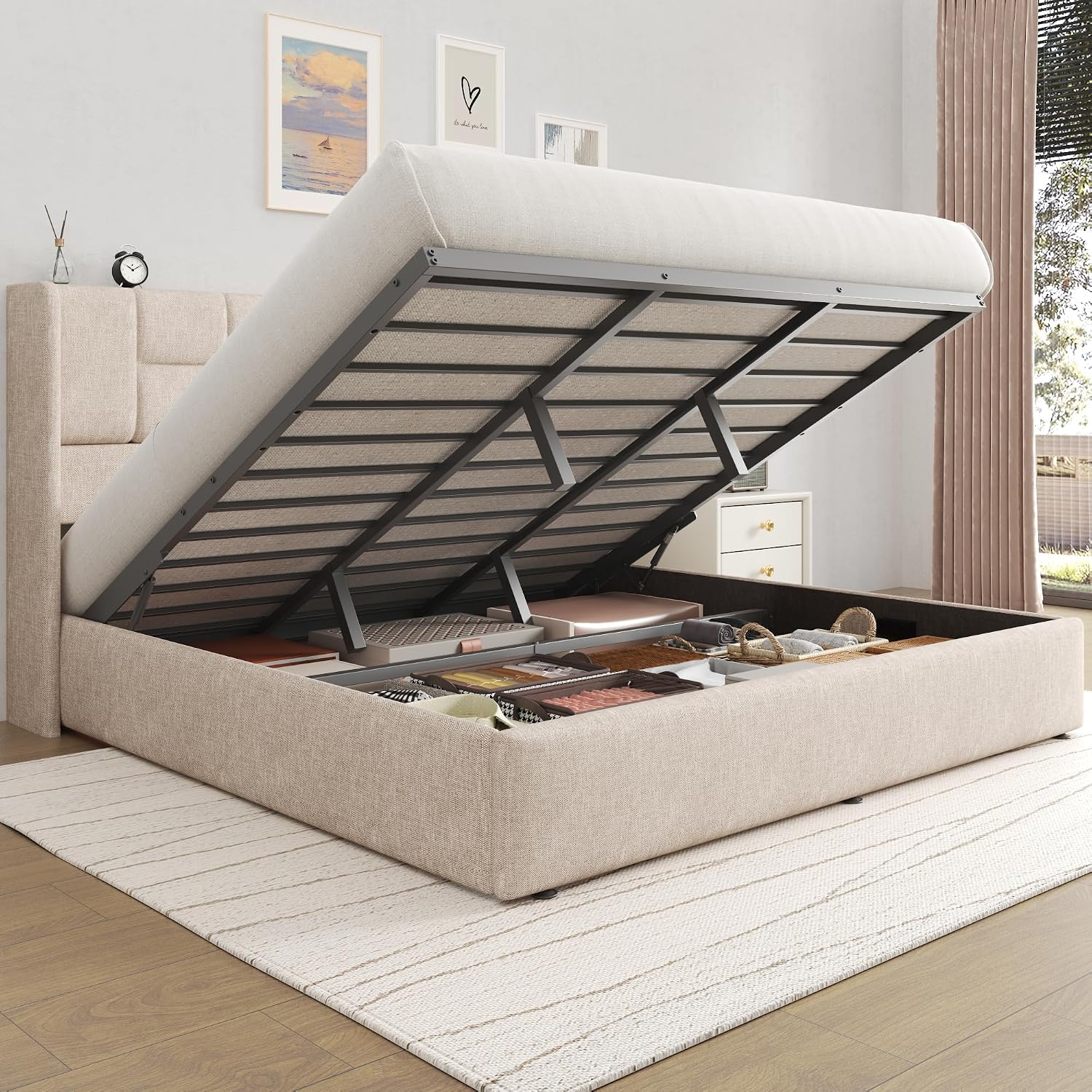 Linen Upholstered King Bed Fra - đánh giá và giá Gas Lift Storage Bed Hydraulic