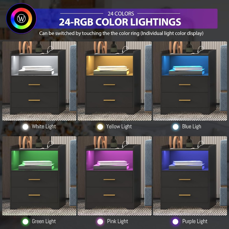 Black LED Nightstand with Char - đánh giá và giá Solid Wood Nightstand 2 Drawers